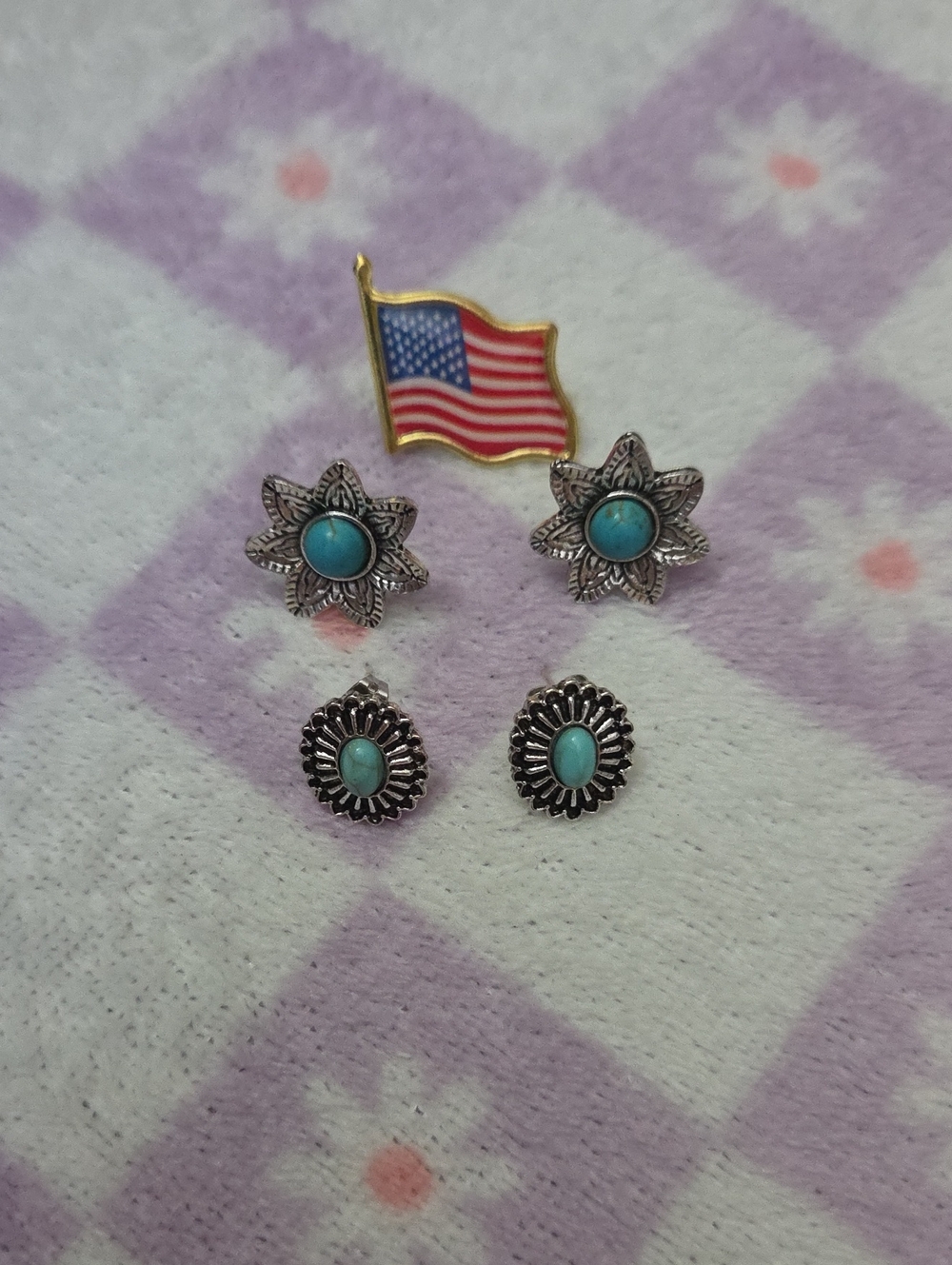 Turquoise Floral Silver Stud Earrings - Women Jewelry